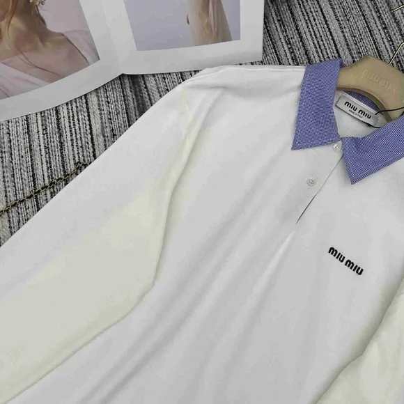 Miu Miu Women's White Long-Sleeve T-Shirt with Collar - Picture 5 of 8